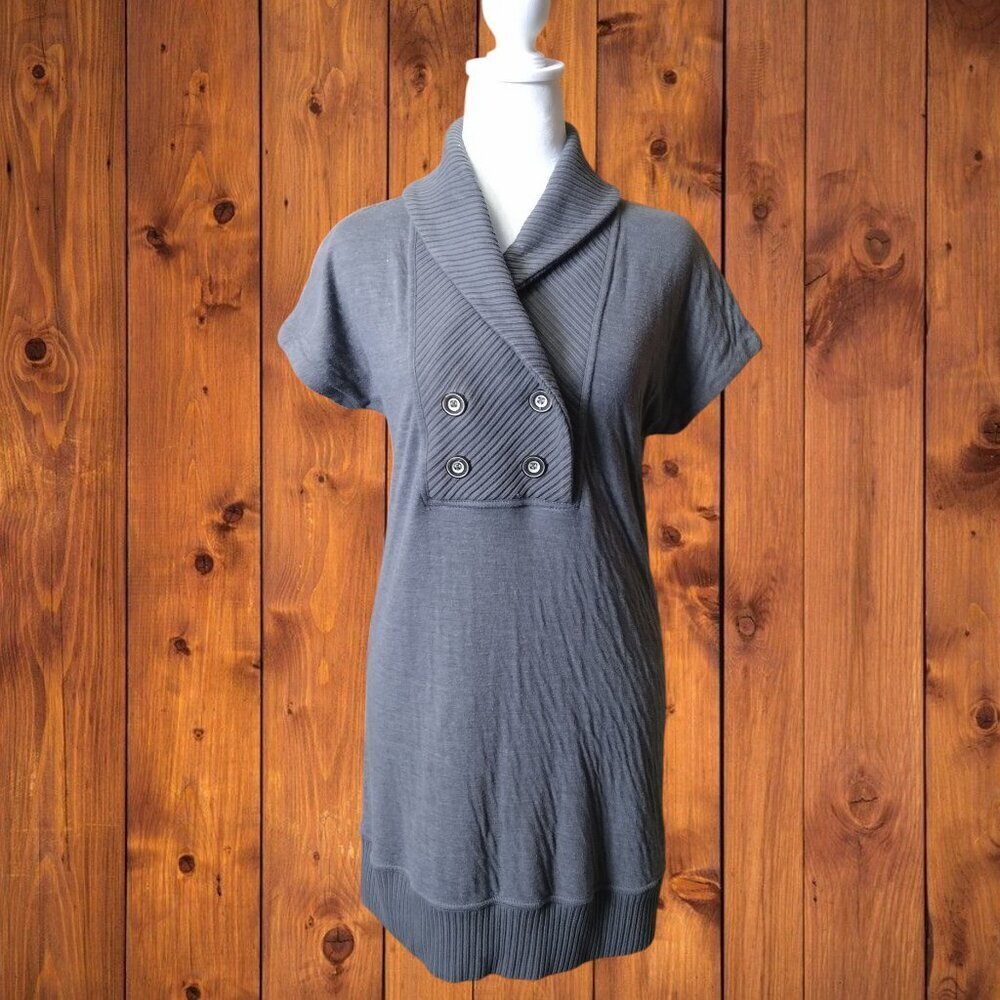 Free People Shawl Collar Knit Ribbed Hem Mini Sweater Dress Short Sleeve Gray XS